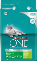 Корм сухой для взрослых кошек PURINA ONE с высоким содержанием индейки и цельными злаками, для живущих в домашних условиях, 3кг