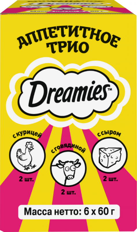 Лакомство для кошек DREAMIES Аппетитное трио Курица, говядина, сыр, 6x60г Лакомство для кошек DREAMIES Аппетитное трио Курица, говядина, сыр, 6x60г