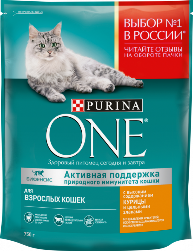 Корм сухой для взрослых кошек PURINA ONE с высоким содержанием курицы и цельными злаками, 750г Корм сухой для взрослых кошек PURINA ONE с высоким содержанием курицы и цельными злаками, 750г