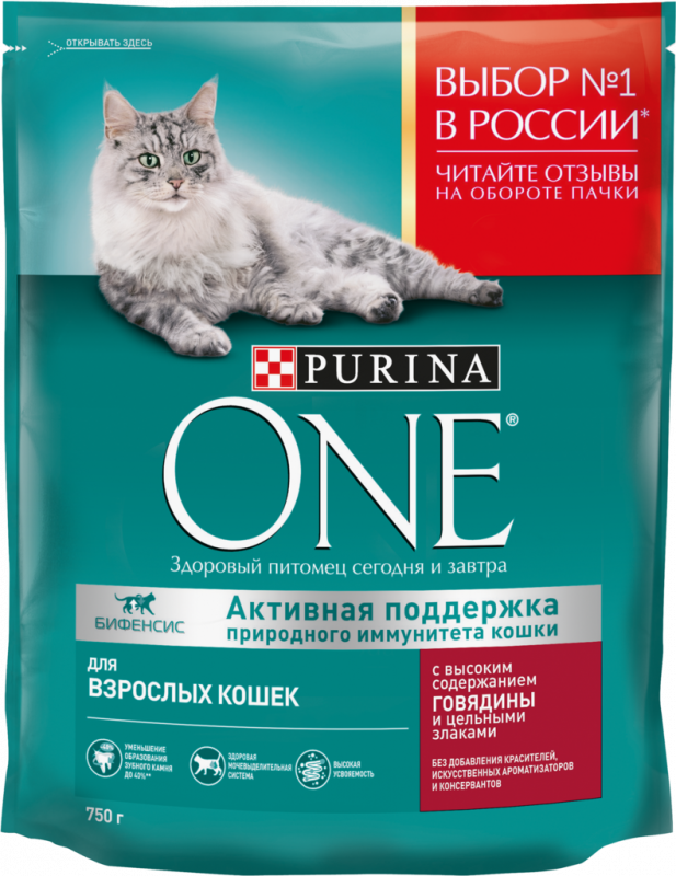 Корм сухой для взрослых кошек PURINA ONE с высоким содержанием говядины и цельными злаками, 750г
