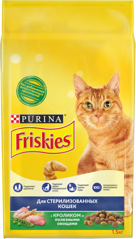 Корм сухой для взрослых кошек FRISKIES с кроликом и полезными овощами, для стерилизованных, 1,5кг