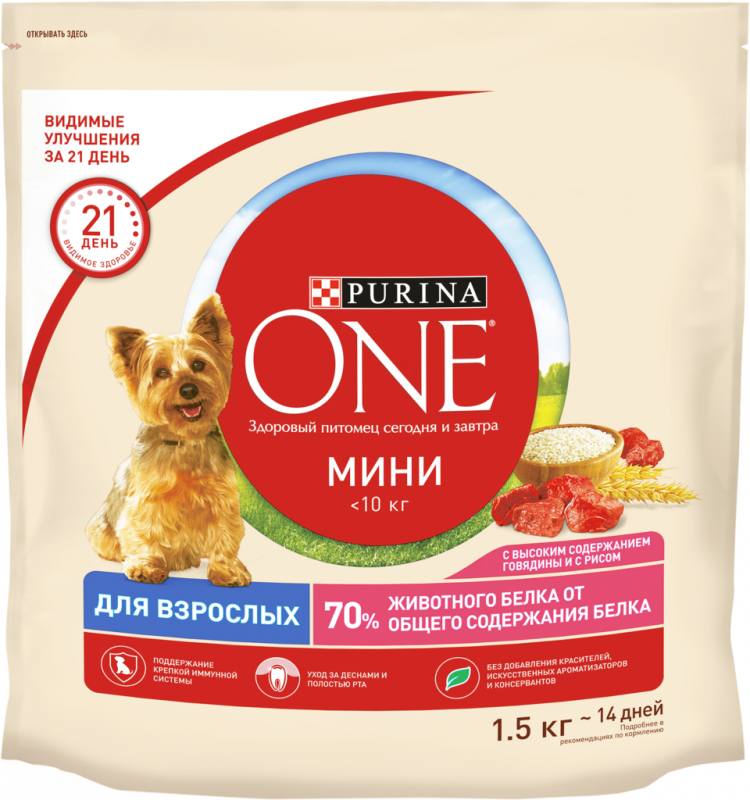 Корм сухой для взрослых собак PURINA ONE с высоким содержанием говядины и рисом, для мелких и карликовых пород, 1,5кг Корм сухой для взрослых собак PURINA ONE с высоким содержанием говядины и рисом, для мелких и карликовых пород, 1,5кг