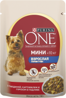 Корм консервированный для взрослых собак PURINA ONE Мини с говядиной, картофелем и горохом в подливе, старше 1 года, для мелких пород, 85г