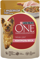 Корм консервированный для взрослых собак PURINA ONE Мини Контроль веса с индейкой, морковью и горохом в подливе, с низкой физической активностью или склонных к набору веса, для мелких пород, 85г