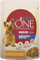 Корм консервированный для взрослых собак PURINA ONE Мини с курицей, морковью и зеленой фасолью в подливе, старше 1 года, для мелких пород, 85г