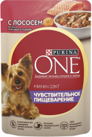 Корм консервированный для взрослых собак PURINA ONE Мини с лососем, рисом и морковью в подливе, с чувствительным пищеварением, для мелких пород, 85г
