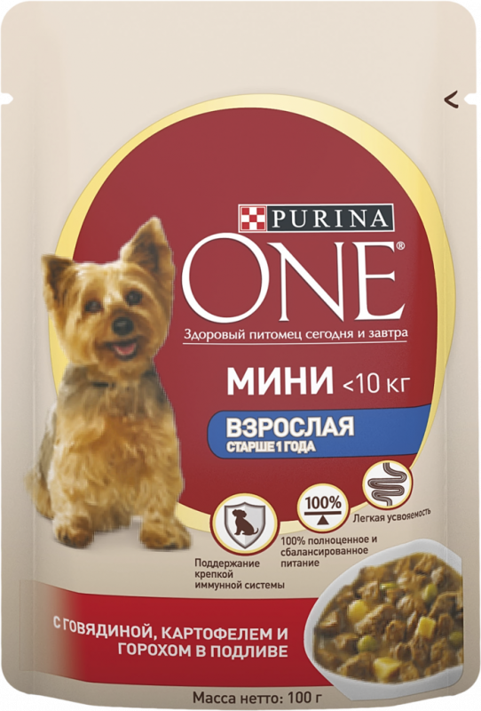 Корм консервированный для взрослых собак PURINA ONE Мини с говядиной, картофелем и горохом в подливе, старше 1 года, для мелких пород, 85г Корм консервированный для взрослых собак PURINA ONE Мини с говядиной, картофелем и горохом в подливе, старше 1 года, для мелких пород, 85г