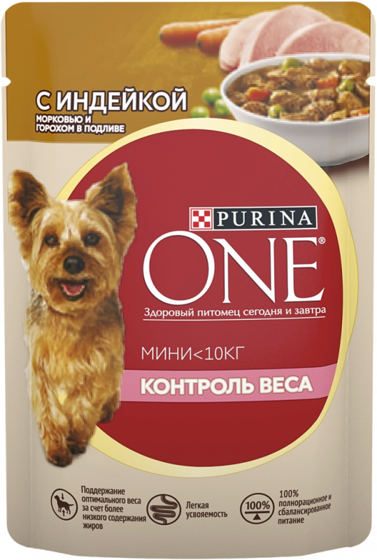 Корм консервированный для взрослых собак PURINA ONE Мини Контроль веса с индейкой, морковью и горохом в подливе, с низкой физической активностью или склонных к набору веса, для мелких пород, 85г