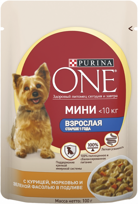 Корм консервированный для взрослых собак PURINA ONE Мини с курицей, морковью и зеленой фасолью в подливе, старше 1 года, для мелких пород, 85г