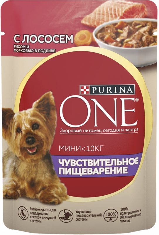 Корм консервированный для взрослых собак PURINA ONE Мини с лососем, рисом и морковью в подливе, с чувствительным пищеварением, для мелких пород, 85г Корм консервированный для взрослых собак PURINA ONE Мини с лососем, рисом и морковью в подливе, с чувствительным пищеварением, для мелких пород, 85г