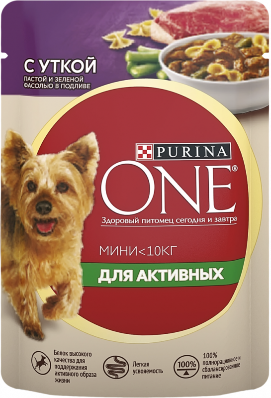 Корм консервированный для взрослых собак PURINA ONE Мини Активная с уткой, пастой и зеленой фасолью в подливе, с активным образом жизни, для мелких пород, 85г