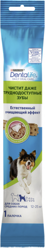 Лакомство для взрослых собак DENTALIFE поддержание здоровья полости рта, для средних пород, 23г
