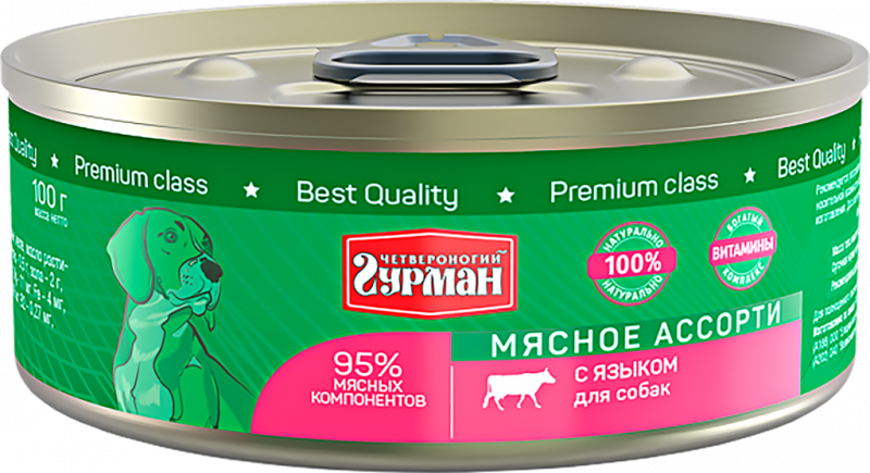 Корм консервированный для собак ЧЕТВЕРОНОГИЙ ГУРМАН Мясное ассорти с языком, 100г Корм консервированный для собак ЧЕТВЕРОНОГИЙ ГУРМАН Мясное ассорти с языком, 100г