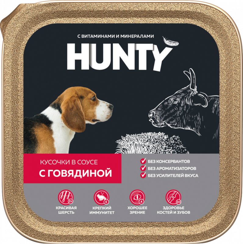 Корм консервированный для взрослых собак HUNTY кусочки в соусе с говядиной, 300г