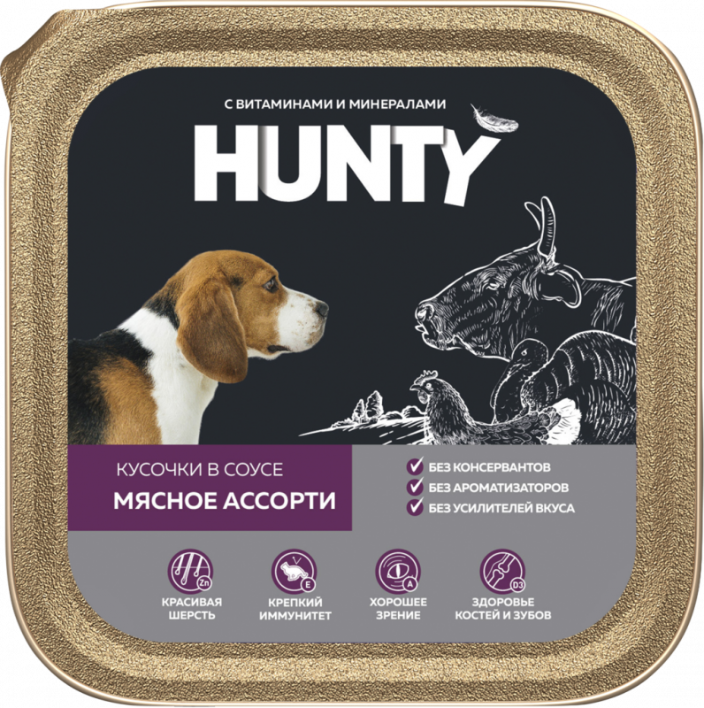 Корм консервированный для взрослых собак HUNTY Мясное ассорти кусочки в соусе, 300г Корм консервированный для взрослых собак HUNTY Мясное ассорти кусочки в соусе, 300г