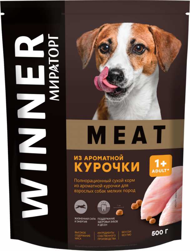 Корм сухой для взрослых собак WINNER Meat из ароматной курочки, для мелких пород, 500г Корм сухой для взрослых собак WINNER Meat из ароматной курочки, для мелких пород, 500г