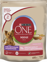 Корм сухой для взрослых собак PURINA ONE с лососем и рисом, с чувствительным пищеварением, для мелких пород, 600г