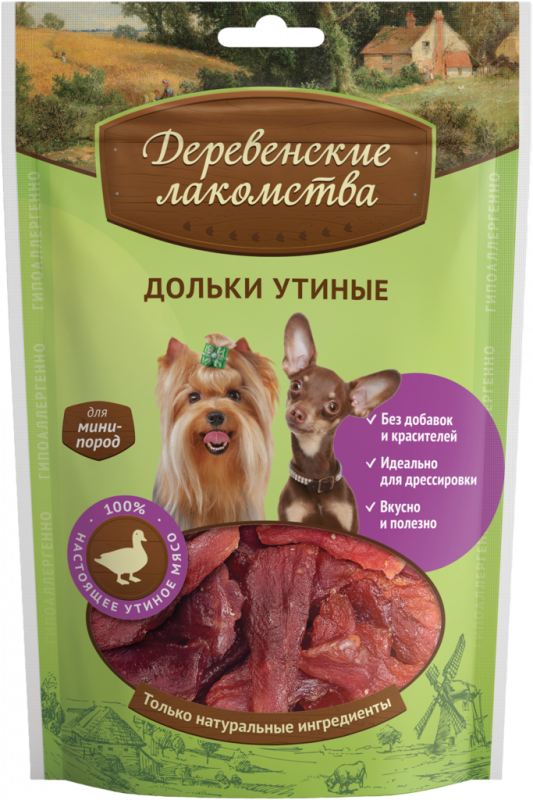 Лакомство для собак ДЕРЕВЕНСКИЕ ЛАКОМСТВА Дольки утиные, для мини-пород, 55г