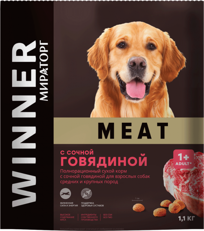 Корм сухой для взрослых собак WINNER Meat с сочной говядиной, для средних и крупных пород, 1,1кг Корм сухой для взрослых собак WINNER Meat с сочной говядиной, для средних и крупных пород, 1,1кг