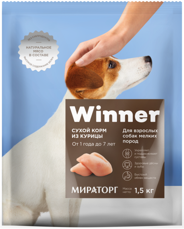 Корм сухой для взрослых собак WINNER из курицы, для мелких пород, 1,5кг Корм сухой для взрослых собак WINNER из курицы, для мелких пород, 1,5кг