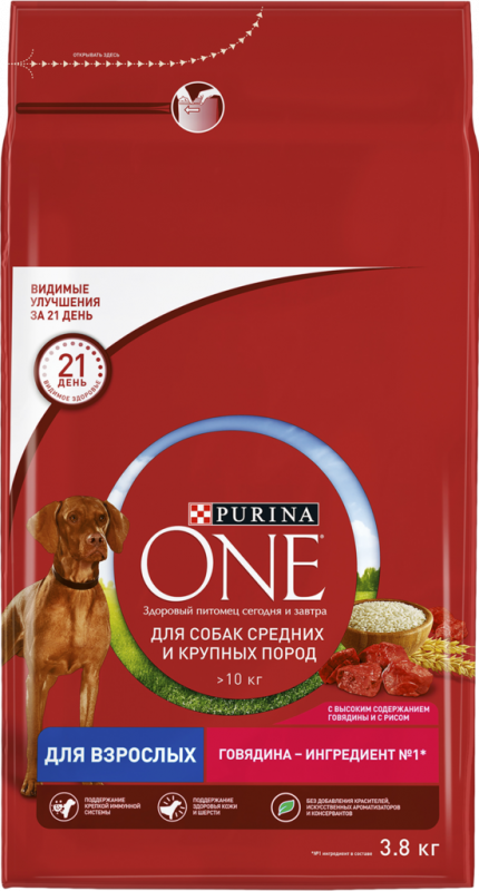 Корм сухой для взрослых собак PURINA ONE с высоким содержанием говядины и с рисом, для средних и крупных пород, 3,8кг