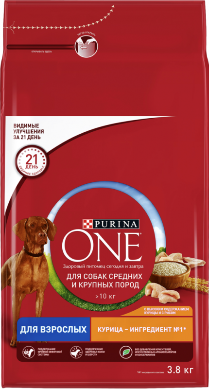 Корм сухой для взрослых собак PURINA ONE с высоким содержанием курицы и с рисом, для средних и крупных пород, 3,8кг Корм сухой для взрослых собак PURINA ONE с высоким содержанием курицы и с рисом, для средних и крупных пород, 3,8кг