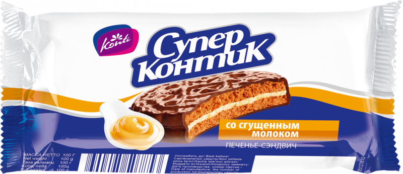 Печенье KONTI Супер-Контик в шоколадной глазури со сгущенкой, 100г Печенье KONTI Супер-Контик в шоколадной глазури со сгущенкой, 100г