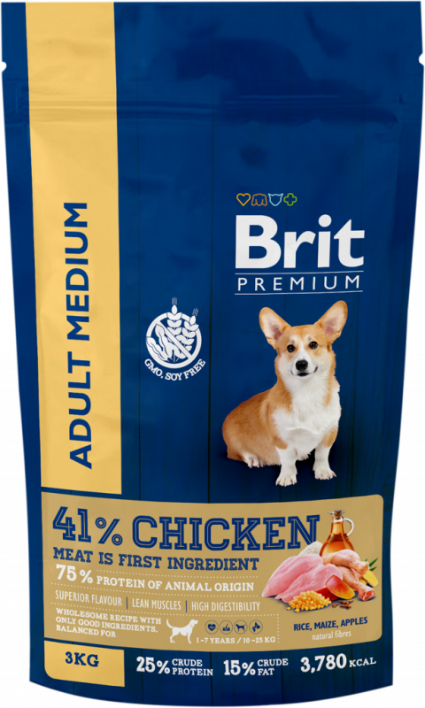 Корм сухой для взрослых собак BRIT Premium Adult М для средних пород, 3кг Корм сухой для взрослых собак BRIT Premium Adult М для средних пород, 3кг