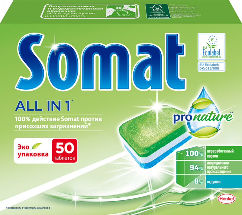 Таблетки для посудомоечной машины SOMAT All in 1 ProNature, 50шт Таблетки для посудомоечной машины SOMAT All in 1 ProNature, 50шт