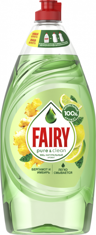 Средство для мытья посуды FAIRY Pure&Clean Бергамот и Имбирь, 900мл Средство для мытья посуды FAIRY Pure&Clean Бергамот и Имбирь, 900мл