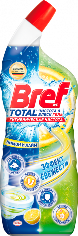 Гель для чистки унитаза BREF Total Чистота и блеск Лимон и Лайм, 700мл Гель для чистки унитаза BREF Total Чистота и блеск Лимон и Лайм, 700мл