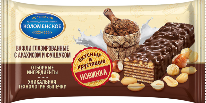 Вафли КОЛОМЕНСКОЕ с арахисом и фундуком глазированные, 160г Вафли КОЛОМЕНСКОЕ с арахисом и фундуком глазированные, 160г