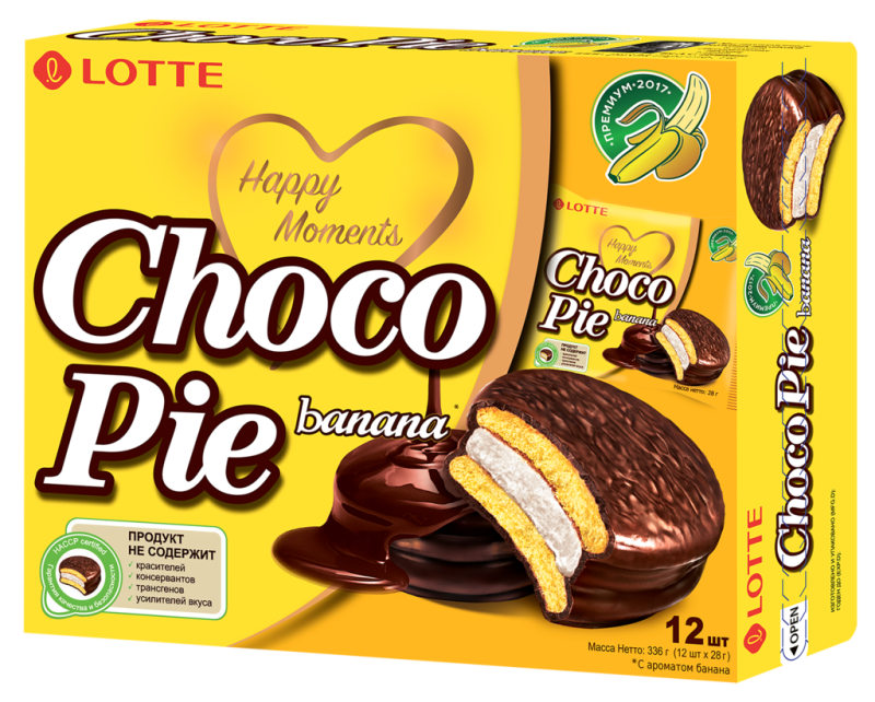 Печенье LOTTE Choco Pie Banana бисквитное в шоколадной глазури, 12х28г
