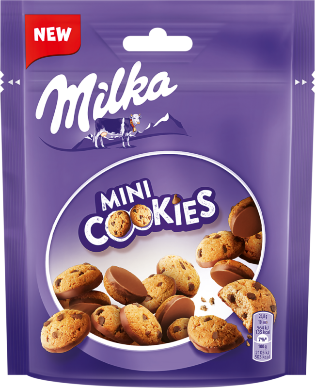 Печенье MILKA Mini Cookies с кусочками шоколада частично покрытое молочным шоколадом, 100г