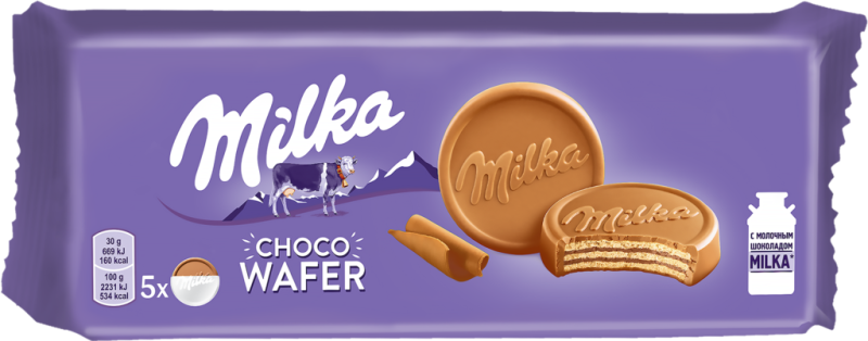 Вафли MILKA с начинкой с какао, в молочном шоколаде, 150г Вафли MILKA с начинкой с какао, в молочном шоколаде, 150г