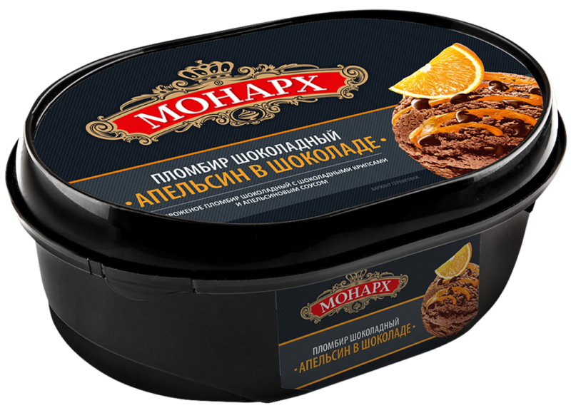 Мороженое МОНАРХ Апельсин в шоколаде пломбир шоколадный с кусочками шоколада и апельсиновым джемом 12%, без змж, контейнер, 460г Мороженое МОНАРХ Апельсин в шоколаде пломбир шоколадный с кусочками шоколада и апельсиновым джемом 12%, без змж, контейнер, 460г