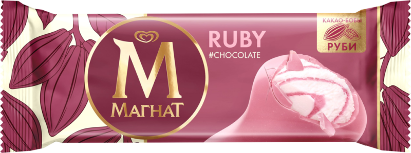 Мороженое МАГНАТ Ruby сливочное с белым шоколадом и малиной 8%, без змж, эскимо, 70г Мороженое МАГНАТ Ruby сливочное с белым шоколадом и малиной 8%, без змж, эскимо, 70г