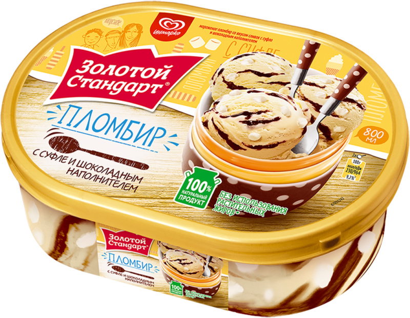 Мороженое ЗОЛОТОЙ СТАНДАРТ Пломбир с суфле и шоколадным наполнителем, без змж, контейнер, 475г