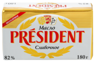 Масло кислосливочное PRESIDENT несоленое 82%, без змж, 180г