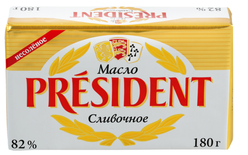 Масло кислосливочное PRESIDENT несоленое 82%, без змж, 180г