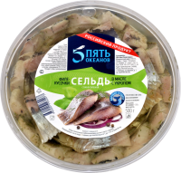 Сельдь слабосоленая 5 ОКЕАНОВ, филе-кусочки в масле с укропом, 500г