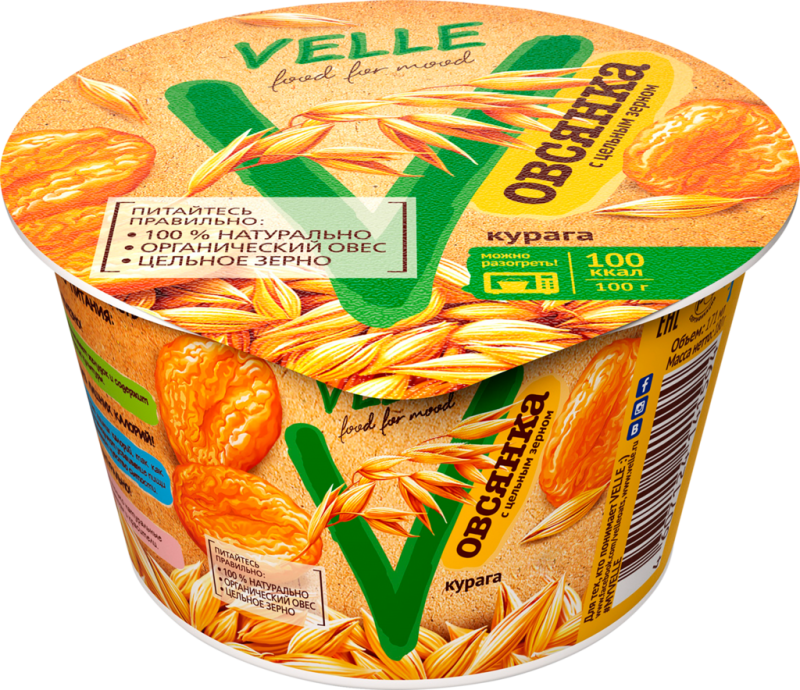 Продукт овсяный ферментированный VELLE Овсянка, курага, 180г Продукт овсяный ферментированный VELLE Овсянка, курага, 180г