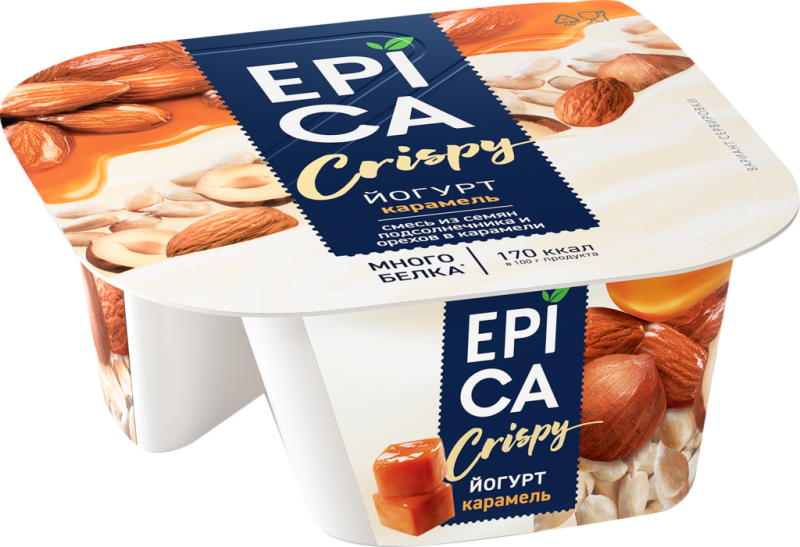 Йогурт EPICA Crispy Карамель, семена подсолнечника, орехи 10,2%, без змж, 140г