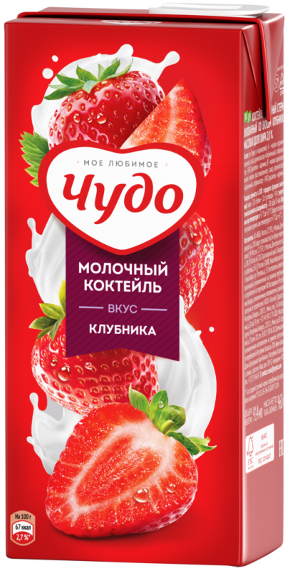 Коктейль молочный ЧУДО Клубника 2%, без змж, 960г Коктейль молочный ЧУДО Клубника 2%, без змж, 960г