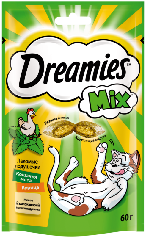 Лакомство для кошек DREAMIES Подушечки с мятой и курицей, 60г Лакомство для кошек DREAMIES Подушечки с мятой и курицей, 60г