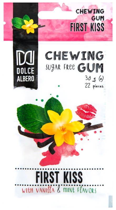 Жевательная резинка DOLCE ALBERO Первый поцелуй со вкусом ванили и мяты, без сахара, 30г