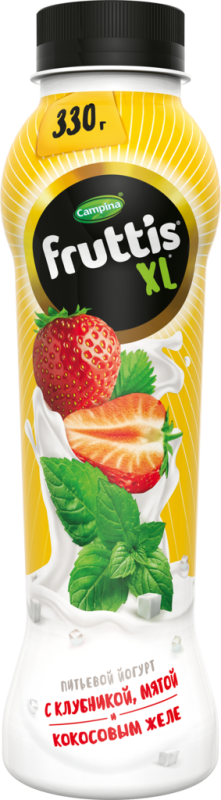 Йогурт питьевой FRUTTIS XL с клубникой, мятой и кокосовым желе 2%, без змж, 330г