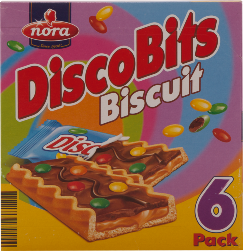 Печенье NORA DiscoBits с мягкой карамелью, молочным шоколадом и драже, 162г Печенье NORA DiscoBits с мягкой карамелью, молочным шоколадом и драже, 162г
