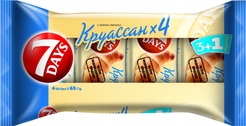 Круассаны 7DAYS 3+1 с кремом ваниль, 4х65г Круассаны 7DAYS 3+1 с кремом ваниль, 4х65г