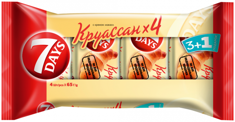 Круассаны 7DAYS 3+1 с кремом какао, 4х65г Круассаны 7DAYS 3+1 с кремом какао, 4х65г